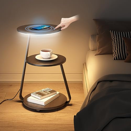 KZT Lampadaire avec étagère,lampe sur pied de salon,Chargement sans fil,Lampadaire Dimmable,Lampadaire Moderne,Interrupteur tactile，Pour Salon/Chambre/Bureau
