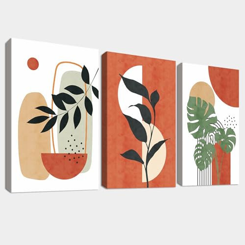 3Pcs Mit Rahmen Leinwand Bilder Orange Abstrakte Blätter und Sonne Bild auf Leinwand Malerei Nordischer Minimalist Wandbilder Wohnzimmer Schlafzimmer Badezimmer Wanddeko 120x60cm (16x24x3)