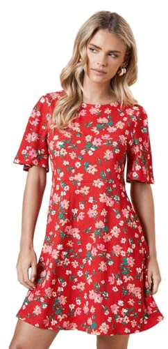 Dorothy Perkins Petite Red Floral Angel Sleeve Mini Dress, 12, Pink
