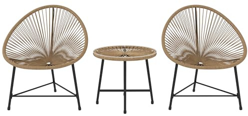 Outsunny Set da Giardino 3 Pezzi in Rattan PE e Acciaio, Set 2 Sedie e Tavolino da Caffè a Cilindro con Piano in Vetro, Set di Mobili da Balcone, per Patio e Cortile, Color Legno