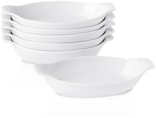 Juego de 6 Bandejas Horno de Cerámica Ovaladas, Platos de Cerámica para Hornear con Asas, Fuente para Horno Pequeña, para Lasañas, Pasteles, Tapas y Más, Apto para Lavavajillas y Horno - Blanco