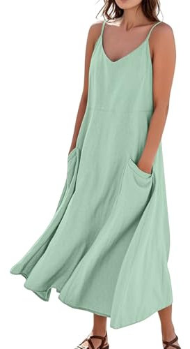 Sommer Kleid, Tunika Kleid Damen Sommer Hijab Kleid Elegant Einfarbig Oder Drucken V Ausschnitt Ärmellos Maxikleid Mit Taschen Sommer Retro Boho Urlaubs Locker Strandkleid (Mint Green,M)