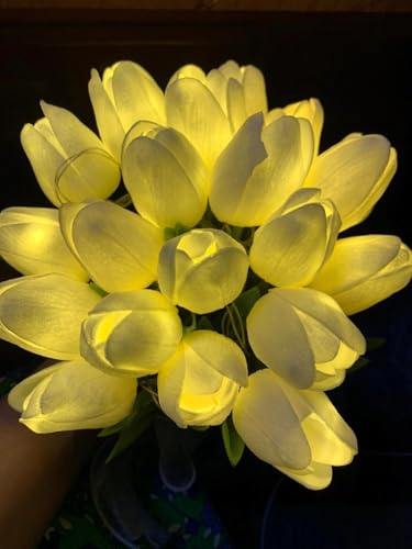 OKSANO LED Tulpen Blumenstrauß mit Beleuchtung, 15 Künstliche Tulpen in Rosa, Dekorative Kunstblumen mit Schleife, 30 cm (Weiß)