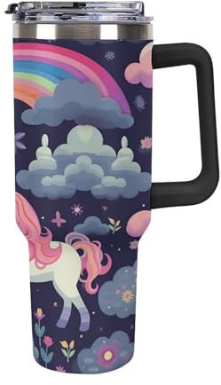 Tazza termica in acciaio inox con manico e cannuccia, motivo unicorni, da 40 once, riutilizzabile, adatta per caffè, acqua e tè.