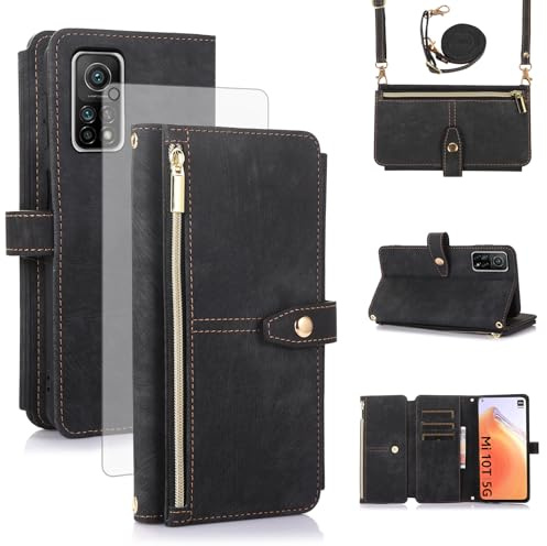 Asuwish Handyhülle für Xiaomi Mi 10T/Mi10T Pro 5G Hülle mit Band Folie Schutzfolie Kartenfach Klappbar Leder Geldbörse Ständer Mi10TPro M10T T10 M2007J3SG Handy Hüllen Schutzhülle Phone Case Schwarz