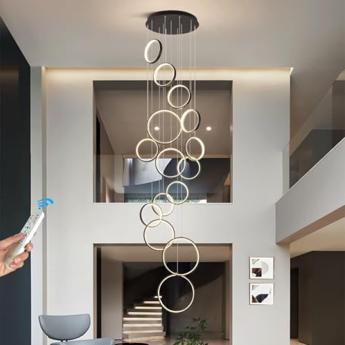 Modern LED Hängelampe Dimmbar Ringe Pendelleuchte Wohnzimmerlamp, Lange Treppenhaus Schwarzer LED Kronleuchter, Treppe Hängeleuchte Schlafzimmer Esszimmer Küchenlampe Höhenverstellbar Lampen(15 Rings)