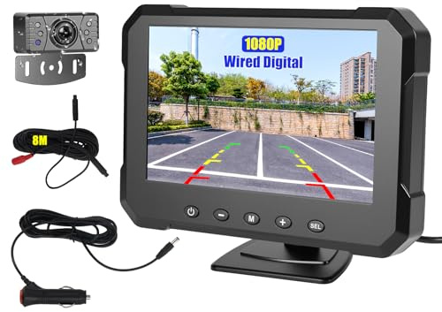 Kit Sistema Telecamere Backup Cablate, Monitor HD 1080P 5 Pollici Telecamera Posteriore per Visione Notturna Infrarossi Impermeabile IP68, Telecamera Retromarcia con linea Ausiliaria per Retromarcia