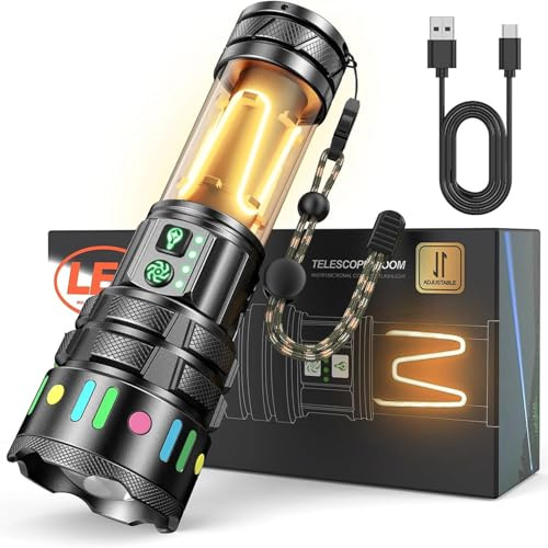 LEKIA Torcia LED Potente Professionale, Ricaricabile 900000 Lux Torcia con Luce da Campeggio, Zoomabile, 11 Modalità, Batteria 5000mAh, Impermeabile Alta Potenza Torce Tattica per Campeggio Trekking