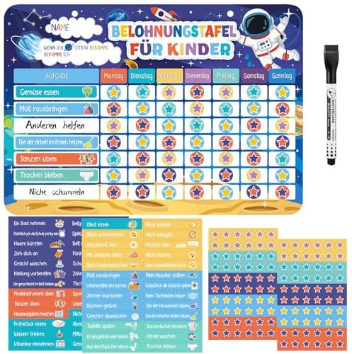 Thboxes Magnetische Belohnungstafel für Kinder, Weltraum | Wochenplaner Belohnungssystem, Mit 52 Aufgaben Magnete und 120 Sternmagneten, Abwischbar, für Routine, Verhalten