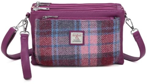 Love EMVY Signature Tartan Tweed Collection Crossbody Bag – Genuine Harris Tweed Wool Fabric – 3 Zipped Compartments, Adjustable Strap – 27 × 19 × 9 cm