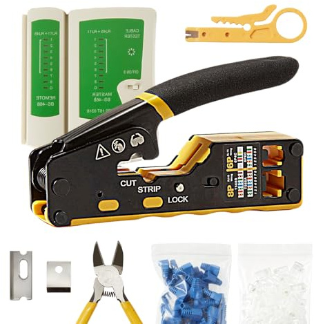 RJ45 Crimp Tool Kit Pass Through 3-in-1 Crimper Ethernet Crimping Set Stripper Cutter for 8P Cat5 Cat6 6P RJ11/12 Telephone Connectors with Cable Tester, 50 RJ45 Plugs & Boots