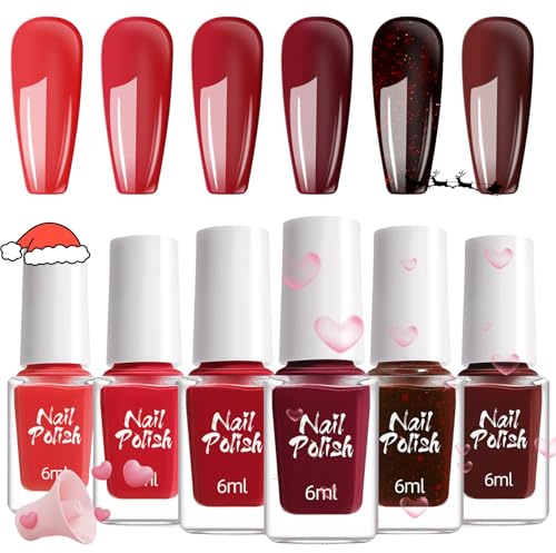 Red Nail Polish Set,Burgundy Cherry Wine Red Glitter Shimmer Gel Nail Polish,Quick Dry & Long Lasting Nails Varnish,Non-Toxic Water Based No Lamp Needed Nails Varnish Kit Xmas Gifts for Women