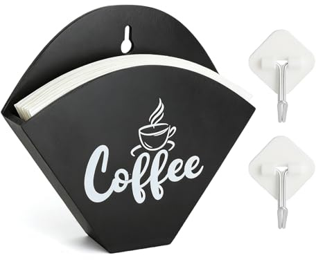Kaffefilterhållare vägg med krok svart trä filterpåse hållare för V60 kaffefilter förvaring, utan borrning kaffetillbehör kök arrangör uppsättning med 2 filterhållare för kök och kaffehörn