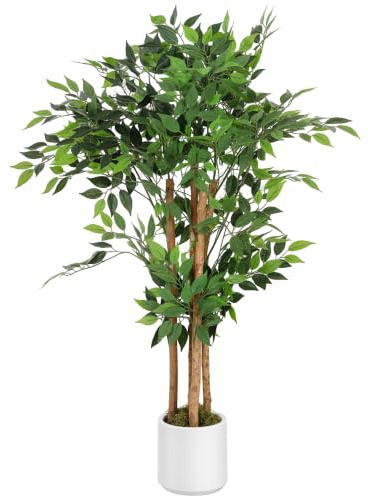 HOMCOM Pianta Artificiale di Baniano Rami Orientabili 55x55x120 cm Bianco | Vaso Contenitore in PP e Cemento, Pianta Verde in PEVA e Legno, per Interno Ufficio Soggiorno Camera da Letto