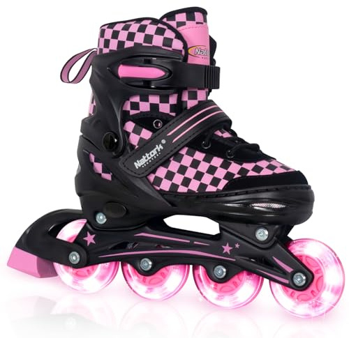 Nattork Adjustable Inline Skates for Kids Teens, Illuminating Wheels Blades Roller Skates with Checkerboard Design for Boys Girls