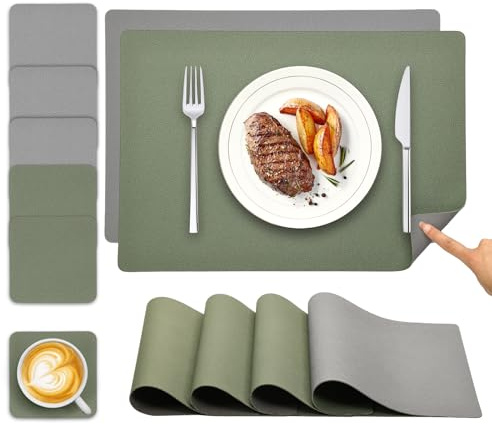 YIHELU Tischset Abwaschbar & Untersetzer, Doppelseitige Platzsets 6er Set | Leder Platzsets Kunstleder rutschfest & Einfache Reinigung, Platzdeckchen Abwaschbar für Esszimmer