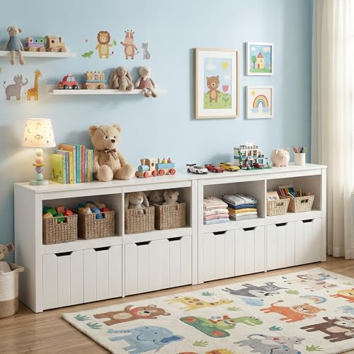 Kinderregal mit Boxen 2 er set,Kinderzimmer Regal Kinder Bücherregal mit Kinderkommode,Spielzeug Organizer Weiß,Kinderschrank Kinder Kommode Möbel mit 3 Aufbewahrungsboxen für Kinderzimmer,120x33x61cm