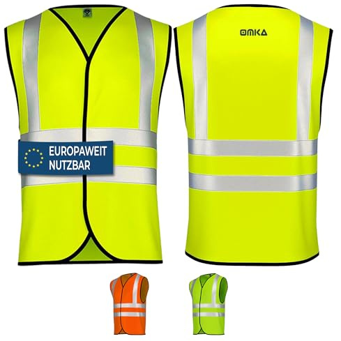 OMKA Warnweste Set – Sicherheitswesten Neonfarben mit 360° Reflexstreifen – Auto Pannenweste für Kinder & Erwachsene mit Klettverschluss (8, Neon Gelb, XXL)
