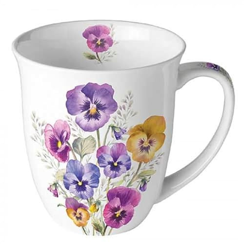 Porzellanbecher 400ml aus Fine Bone China – Kaffeebecher mit Frühlings-, Sommer- und Ostermotiven – Große Tasse für Tee & Kaffee, 10,5 cm hoch (Stiefmütterchen)
