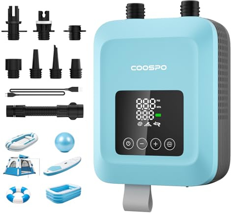 CooSpo Pompa elettrica verticale per SUP, gonfiaggio ad alta pressione a 20 psi, dotata di batteria ricaricabile da 59,2/44,4 Wh, silenziosa, adatta a kayak e altri articoli gonfiabili