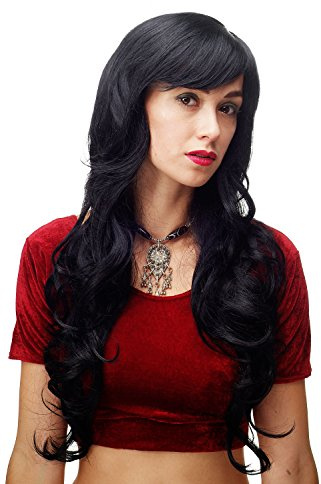 WIG ME UP - Perücke mit schwarzen, langen, wunderschön gelockten/welligen Haaren, Pony und Seitenscheitel, ca. 70cm 9204S-1