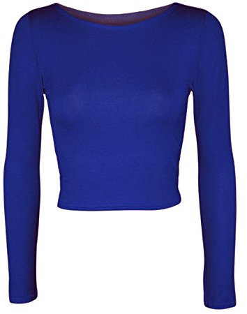 Candid Styles Womens Crop Long Sleeve T Shirt Ladies Ladies Short Plain Round Neck Top 8-14, (12-14, Royal Blue)