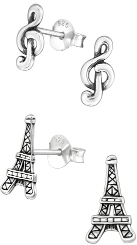 925 Sterling Silber Hypoallergen Set von 2 Paar Eiffelturm & Musik Note Ohrstecker für Mädchen und Damen (nickelfrei) 20509