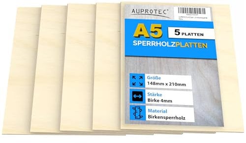 AUPROTEC 5x A5 Sperrholz-Platten Birke 4mm Multiplexplatten (148 mm x 210 mm) Bastel- und Laubsäge-Holzplatten Birke Massiv Multiplex Holz Industriequalität