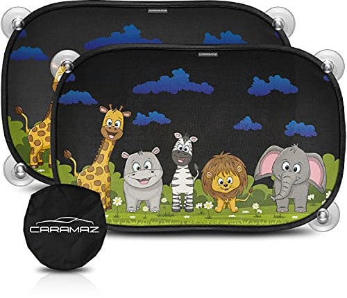 Car sunshade with optidark protection - with suction cup, to protect babies and pets from the sun, 2 baby sunshades with animals