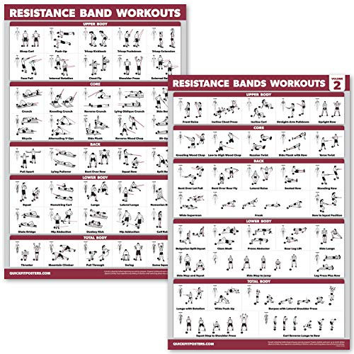 QuickFit 2 Pack Resistance Bands Volume 1 & 2 Exercise Poster Set - Resistance Tubes Workout Charts (Laminated, 18 x 27)