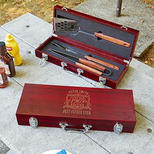 Personalized Outdoor Grill Accessories with Wood Box for Family Parties and Camping by HomeWetBar - Custom Barbecue Tools for Grilling