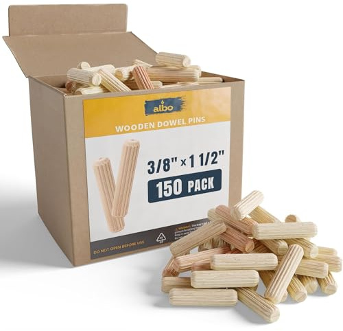 ALBO Wooden Dowel Pins 3/8 x 1 1/2 inch Fluted Wood Dowels Rods 150 Pack Hardwood Crafts Dowel Pegs