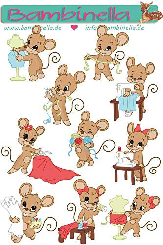 Bambinella Stickerparade – Nähende Maus - 10 Sticker aus PVC-Folie nur für Glatte Oberflächen.