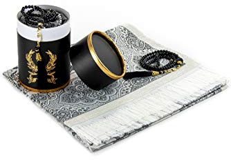 ihvan online Muslim Prayer Rug and Prayer Beads with Elegant Design Cylinder Gift Box, Janamaz, Soft Sajadah, Islamic Gifts Set, Portable Prayers Carpet Mat, Taffeta Fabric, Black