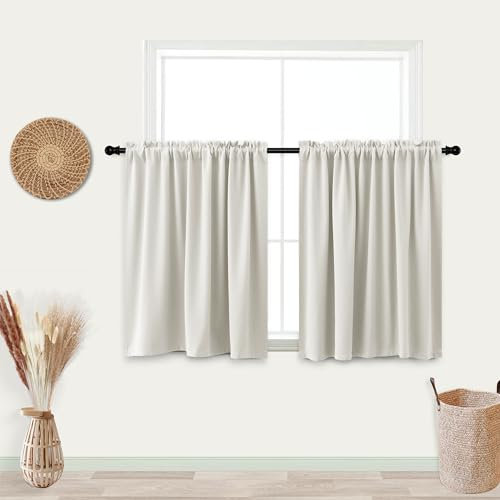 KOUFALL Café-Vorhänge, 61 cm Länge, für kleine Fenster, Boho-Stil, Verdunkelungsvorhänge für Wohnmobil, Fenster, Küche, Set mit 2 Teilen, Cremefarben / Beige