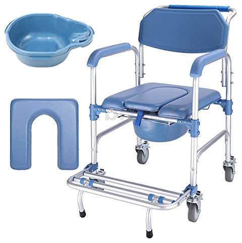 ybaymy 4 in 1 Wheeled Shower Chair Commode Toilet Chair for Elderly Bedside Commode Chair with Locking Wheels and Padded Seat for Disabled, Elderly People,150 kg Weight Capacity