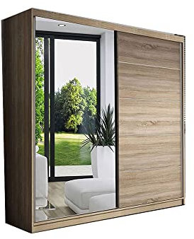 mb-moebel Armoire de Chambre avec 2 Portes coulissantes et Miroir l Dressing Garde-Robe Penderie (Tringle) avec étagères - 160x195x61cm EVA BIS05 (Sonoma)