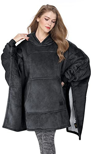 Catalonia Classy Übergroße Sherpa Hoodie Poncho Decke, Flauschige Warme Oversized Kuscheldecke mit Ärmeln und Kapuze, Tragbare Decke zum Anziehen als Geschenkidee für Damen Herren