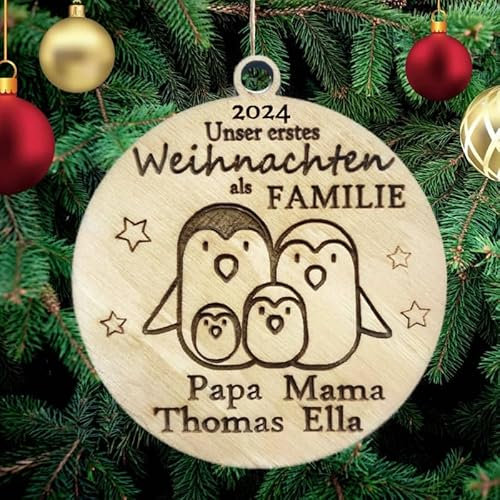 Personalisierte Unser Erstes Weihnachten als Familie mit Namen Pinguine Christbaumschmuck mit Namen Weihnachtsdeko aus Holz Weihnachtsbaum Weihnachtsdekoration Ornament Weihnachtsbaumschmuck