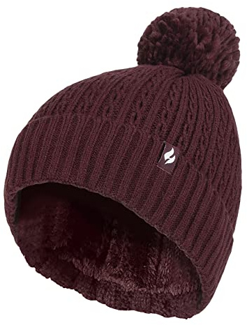 HEAT HOLDERS Damen Thermo Mütze mit Zopfmuster Winter Gestrickt Bommelmütze | Weiche Gerippte Mütze mit Pom Pom (Einheitsgröße, Wein)