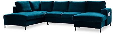 MIUFORM Ecksofa U Form mit Schlaffunktion und Bettkasten | Lofty Lilly | Wohnladschaft Couch Schlafcouch Wohnzimmer Gästezimmer | Samt Metallfüße (Petrolgrün, Links ausgerichtet)