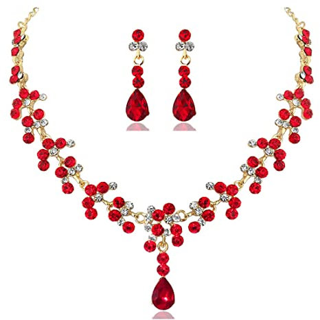 Prosy Braut Strass Halskette und Ohrring Set Kristall Halskette Braut Party Hochzeit Schmuck Sets für Frauen und Mädchen (Rot)