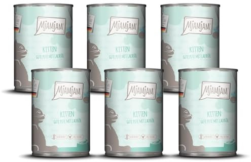 MjAMjAM - Premium Nassfutter für Katzen - Kitten gute Pute mit Lachsöl, 6er Pack (6x400g), getreidefrei