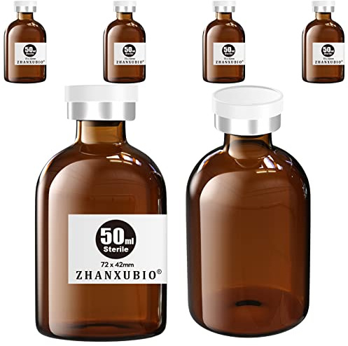 ZHANXUBIO Sterile Empty Vials with Self Healing Injection Port and Aluminum Plastic Cap,Sterile Package (50ml Amber 6PCS)