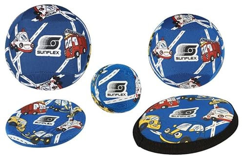 Sunflex Youngster Cars 5er Set | Bälle & Wurfscheiben für Kinder im modernen Design | Kindgerecht aus hochwertigem & rutschfestes & weichem Neopren