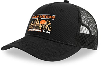 Maikomanija Las Vegas Nevada USA Resort City Baumwolle Trucker Cap Curved Visor Netback Hat Breathable Mesh Sport Top, Schwarz , One size