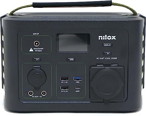Nilox, Power Station PS300 300W di Potenza, con Batteria Li-ion NMC per Gite Fuoriporta e Uso Domestico, Compatibile con Tutti i Device a Corrente, Ricarica a Muro, in Auto o con Pannello Solare