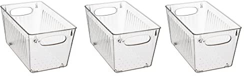 Amtido Clear Organiser Bins for Fridge, Freezer, Pantry & Kitchen Cupboard - Versatile Storage Containers for Food Packets, Fruit, Vegetable and Other Home Essentials (3-Pack)