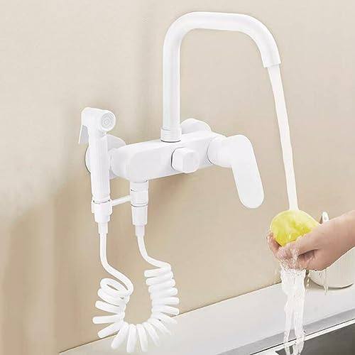 Grifo de Cocina Pared Blanco Pistola Telescópica Agua Fría y Caliente Giratoria Latón Grifo Fregadero Cocina Pared