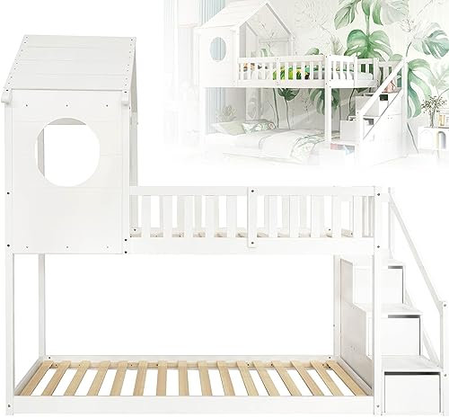 Weiss Kinderbett Etagenbett Haus Bett Hochbett Spielbett Stockbett 90x200 cm mit Schublade und Rausfallschutz, Ins und aus dem Bett kommen, ohne Matratze, weiß